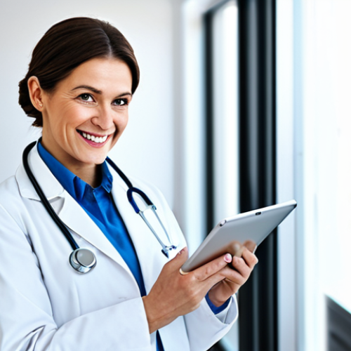 Home 18 **
A professional female doctor in a fully clothed, modest white coat, smiling gently in a bright and clean hospital office. Stethoscope around her neck, holding a tablet. Safe for work, appropriate content, perfect anatomy, correct proportions, well-formed hands, professional medical setting, family-friendly.
**