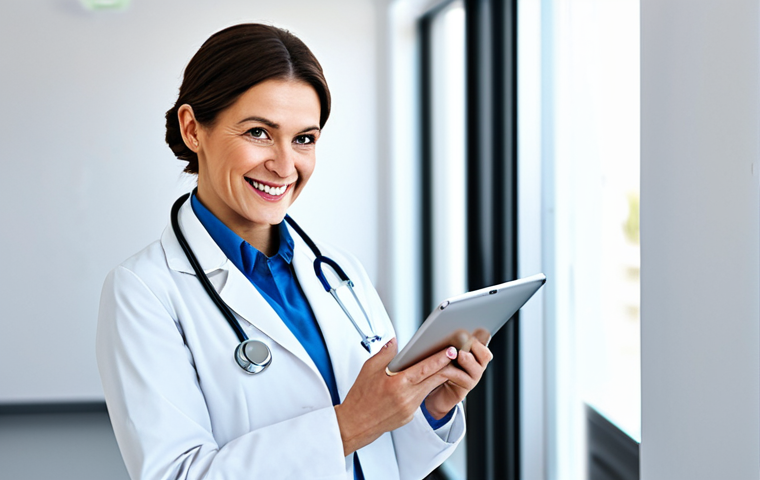 **
A professional female doctor in a fully clothed, modest white coat, smiling gently in a bright and clean hospital office. Stethoscope around her neck, holding a tablet. Safe for work, appropriate content, perfect anatomy, correct proportions, well-formed hands, professional medical setting, family-friendly.
**