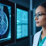 난치성 장애 의료기술 최신 동향 - **Prompt:** A futuristic, bright medical diagnostic center. A compassionate female doctor, wearing a...