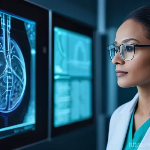 난치성 장애 의료기술 최신 동향 - **Prompt:** A futuristic, bright medical diagnostic center. A compassionate female doctor, wearing a...