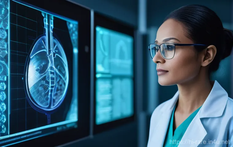 난치성 장애 의료기술 최신 동향 - **Prompt:** A futuristic, bright medical diagnostic center. A compassionate female doctor, wearing a...