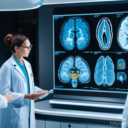 파킨슨병 최신 진단 기술 - **Prompt:** A futuristic, high-tech medical imaging suite. In the foreground, a diverse team of medi...