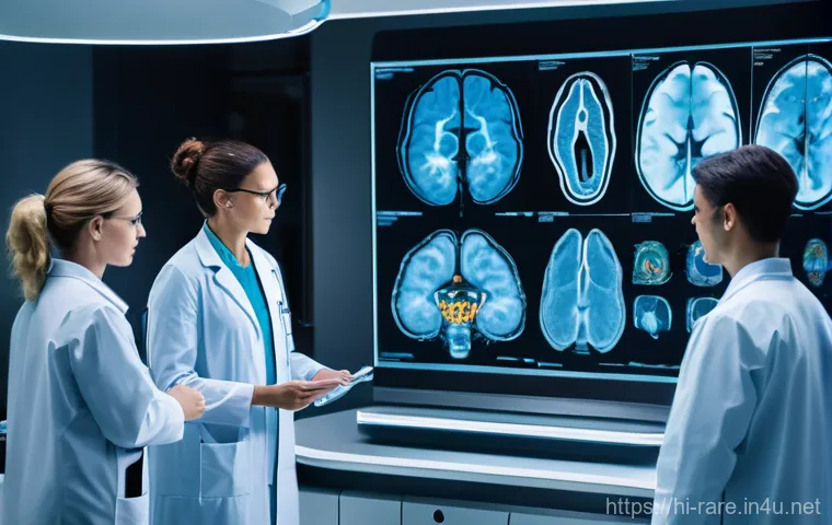 파킨슨병 최신 진단 기술 - **Prompt:** A futuristic, high-tech medical imaging suite. In the foreground, a diverse team of medi...