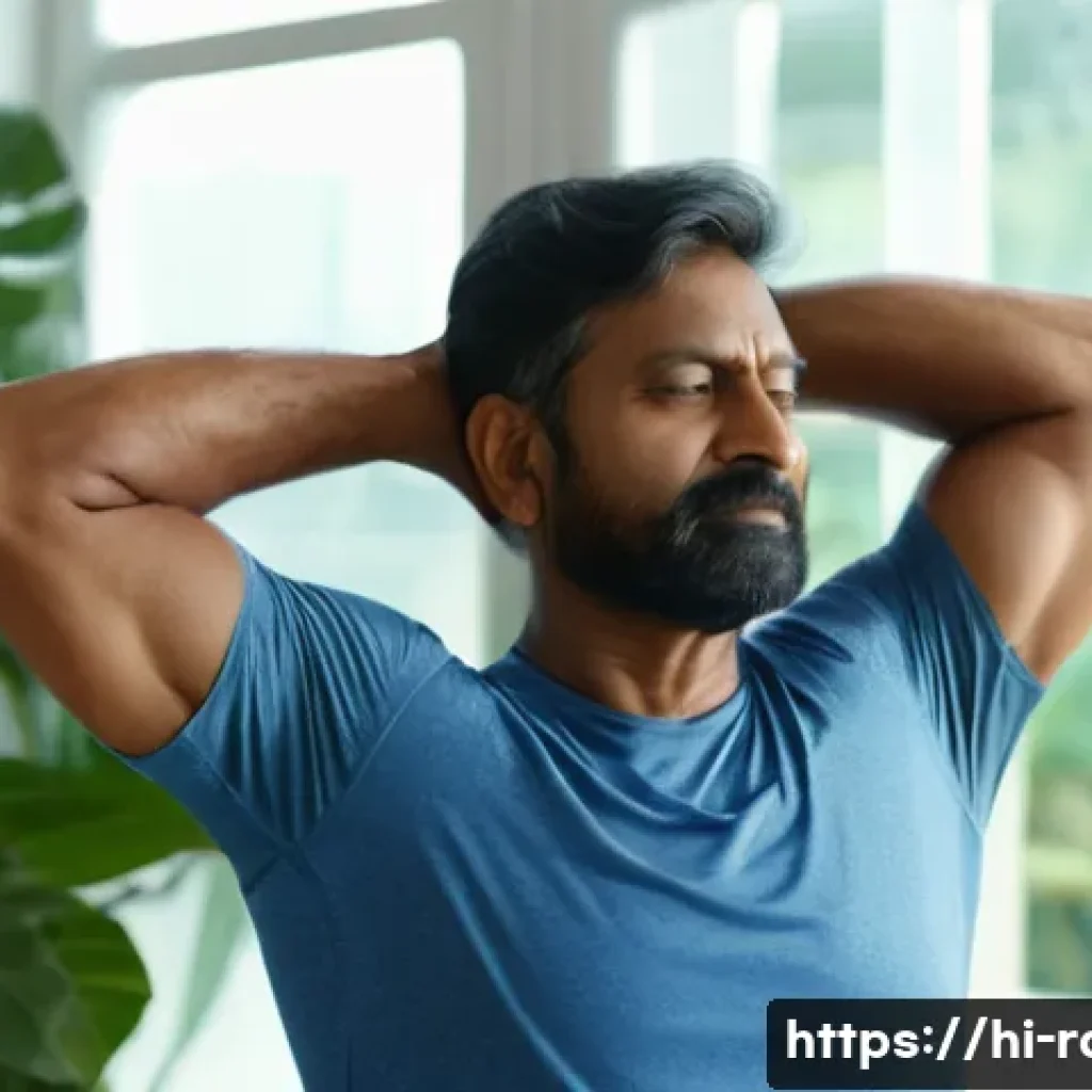 루게릭병 환자와 운동 프로그램 후기 - A middle-aged Indian man wearing comfortable athletic clothes, performing gentle stretching exercise...