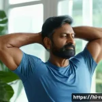 Home 22 루게릭병 환자와 운동 프로그램 후기 - A middle-aged Indian man wearing comfortable athletic clothes, performing gentle stretching exercise...