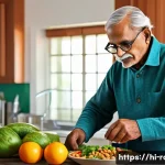 Home 21 파킨슨병 진단 후 생활 가이드 - A warm and inviting kitchen scene featuring an elderly Indian man with Parkinson’s disease preparing...