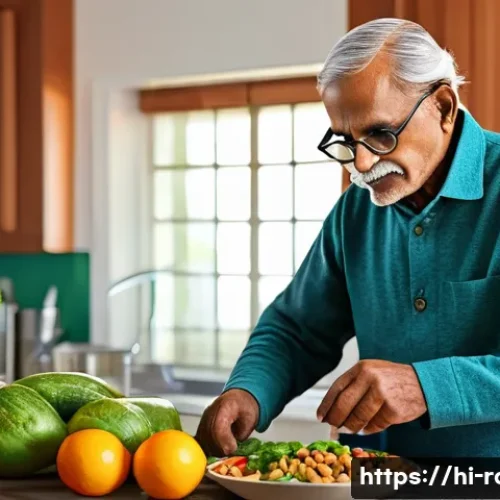 Home 33 파킨슨병 진단 후 생활 가이드 - A warm and inviting kitchen scene featuring an elderly Indian man with Parkinson’s disease preparing...