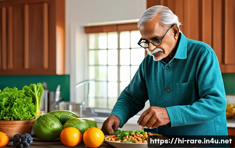 파킨슨병 진단 후 생활 가이드 - A warm and inviting kitchen scene featuring an elderly Indian man with Parkinson’s disease preparing...