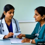 Home 20 다발성 경화증 약물 치료 사례 - A compassionate female doctor consulting a middle-aged Indian woman patient in a modern clinic setti...