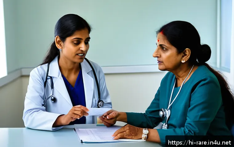 다발성 경화증 약물 치료 사례 - A compassionate female doctor consulting a middle-aged Indian woman patient in a modern clinic setti...
