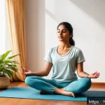Home 18 난치성 장애 환자와 가족의 심리 지원 - A serene and warm illustration of a young Indian woman practicing yoga and meditation in a peaceful ...