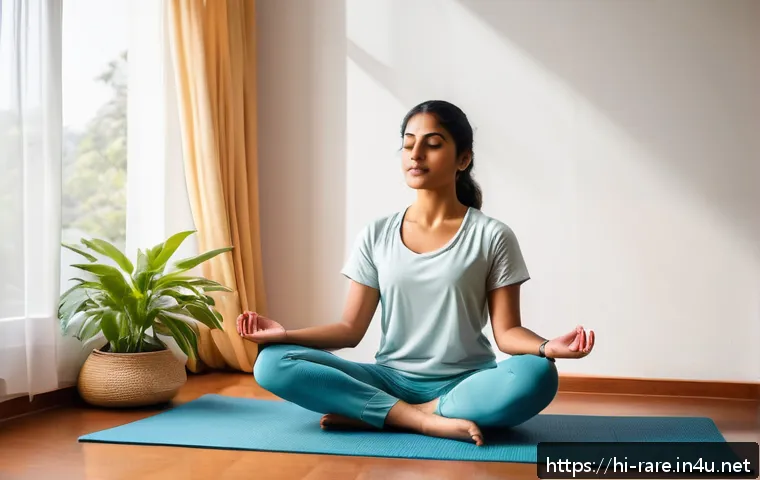 난치성 장애 환자와 가족의 심리 지원 - A serene and warm illustration of a young Indian woman practicing yoga and meditation in a peaceful ...