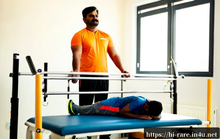 근육병 환자 재활치료 후기 - Photorealistic rehabilitation therapy session for an adult Indian muscular dystrophy patient, fully ...