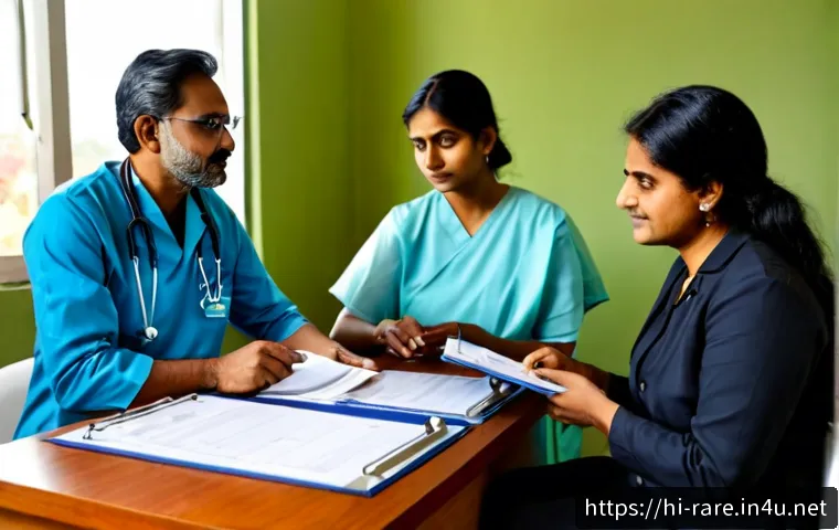 희귀질환 진단 병원 리스트 - Photorealistic Indian hospital consultation scene, a middle-aged Hindi-speaking family seated with a...